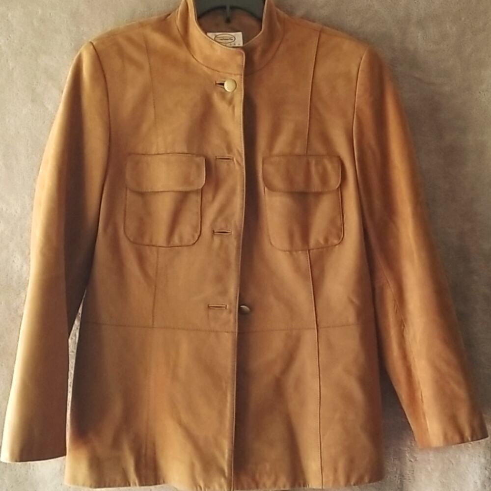Talbots brown tan suede leather collar pockets western classic jacket coat 6
